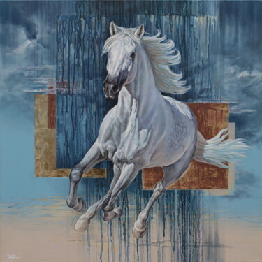 Painting titled "White horse" by Sergey Kuzmin, Original Artwork, Oil Mounted on Wood Stretcher frame