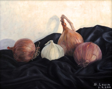 Painting titled "onion on black velv…" by Sergey Levin, Original Artwork, Oil