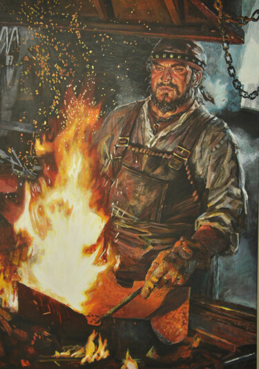 Painting titled "Кузнец за работой" by Sergey Milin, Original Artwork, Acrylic