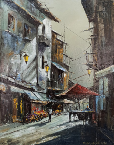 Painting titled "Small cafe (40x30cm…" by Sergey Miqayelya, Original Artwork, Oil Mounted on Wood Stretcher frame
