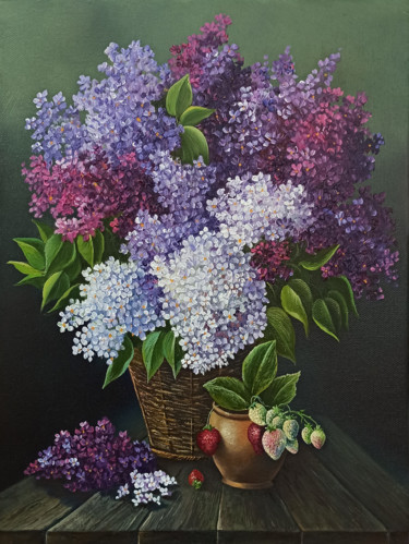 Painting titled "Lilacs with strawbe…" by Sergey Miqayelya, Original Artwork, Oil Mounted on Wood Stretcher frame