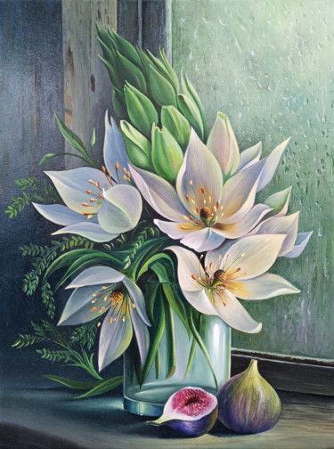 Painting titled "Lilies and figs (40…" by Sergey Miqayelya, Original Artwork, Oil Mounted on Wood Stretcher frame