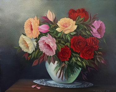 Peinture intitulée "Still life with ros…" par Sergey Miqayelya, Œuvre d'art originale, Huile Monté sur Châssis en bois