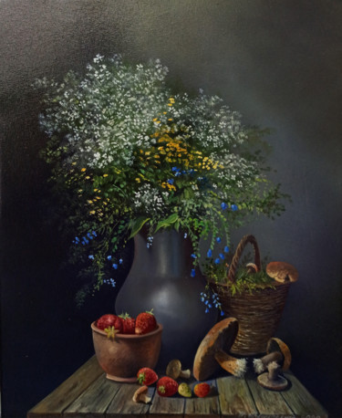 Painting titled "Still life with str…" by Sergey Miqayelya, Original Artwork, Oil Mounted on Wood Stretcher frame