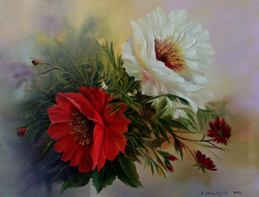 Painting titled "Red and white (40x3…" by Sergey Miqayelya, Original Artwork, Oil Mounted on Wood Stretcher frame
