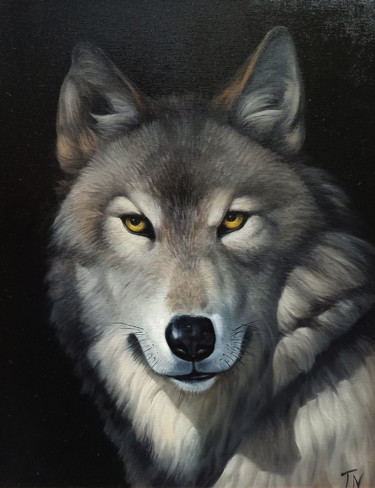 Painting titled "Wolf portrait (40x5…" by Sergey Miqayelya, Original Artwork, Oil Mounted on Wood Stretcher frame