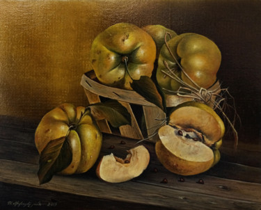 Painting titled "Still life-quince (…" by Sergey Miqayelya, Original Artwork, Oil Mounted on Wood Stretcher frame