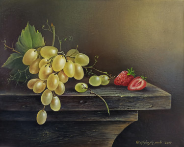 Painting titled "Grapes and strawber…" by Sergey Miqayelya, Original Artwork, Oil Mounted on Wood Stretcher frame