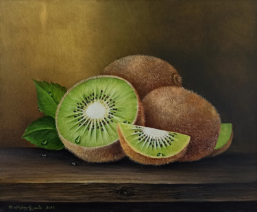 Painting titled "Still life-kiwi-1 (…" by Sergey Miqayelya, Original Artwork, Oil Mounted on Wood Stretcher frame