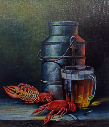 Painting titled "Still life- beer an…" by Sergey Miqayelya, Original Artwork, Oil Mounted on Wood Stretcher frame