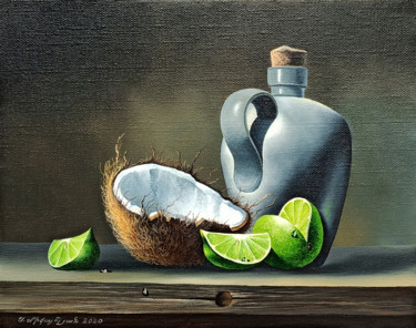 Painting titled "Still life-coconut…" by Sergey Miqayelya, Original Artwork, Oil Mounted on Wood Stretcher frame