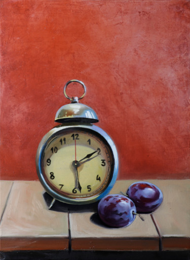 Painting titled "Still life with plu…" by Sergey Miqayelya, Original Artwork, Oil Mounted on Wood Stretcher frame