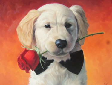 Painting titled "Doggy with red rose…" by Sergey Miqayelya, Original Artwork, Oil Mounted on Wood Stretcher frame