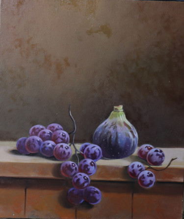 Painting titled "Still life grapes a…" by Sergey Miqayelya, Original Artwork, Oil Mounted on Wood Stretcher frame