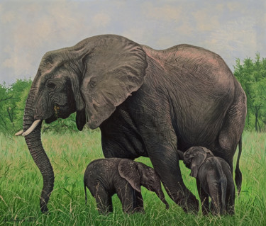 Painting titled "Elephant's family (…" by Sergey Miqayelya, Original Artwork, Oil Mounted on Wood Stretcher frame