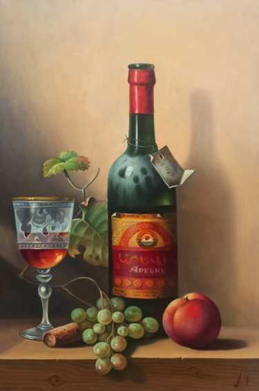 Painting titled "Still life with cup…" by Sergey Miqayelya, Original Artwork, Oil Mounted on Wood Stretcher frame