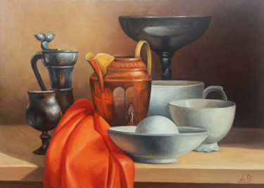 Painting titled "Still life-kitchen-…" by Sergey Miqayelya, Original Artwork, Oil Mounted on Wood Stretcher frame
