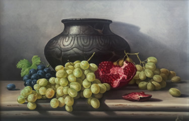 Painting titled "Still life with pit…" by Sergey Miqayelya, Original Artwork, Oil Mounted on Wood Stretcher frame