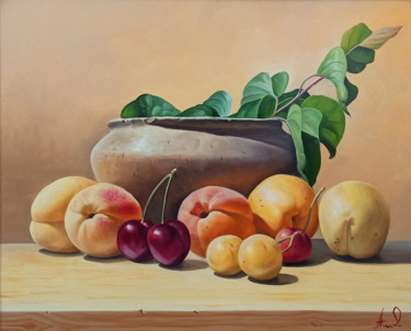 Painting titled "Still life with apr…" by Sergey Miqayelya, Original Artwork, Oil Mounted on Wood Stretcher frame