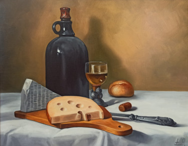 Painting titled "Still life with kit…" by Sergey Miqayelya, Original Artwork, Oil Mounted on Wood Stretcher frame