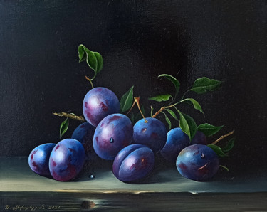 Painting titled "Still life with plu…" by Sergey Miqayelya, Original Artwork, Oil Mounted on Wood Stretcher frame