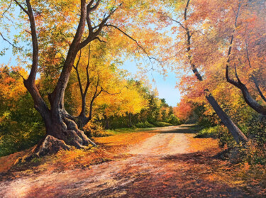 Painting titled "Autumn in a forest…" by Sergey Miqayelya, Original Artwork, Oil Mounted on Wood Stretcher frame