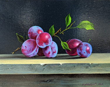Painting titled "Still life plums (2…" by Sergey Miqayelya, Original Artwork, Oil Mounted on Wood Stretcher frame