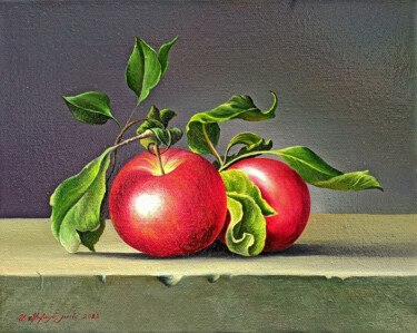 Painting titled "Still life apple (2…" by Sergey Miqayelya, Original Artwork, Oil Mounted on Wood Stretcher frame