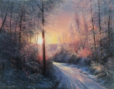 Painting titled "Winter forest(60x80…" by Sergey Miqayelya, Original Artwork, Oil Mounted on Wood Stretcher frame