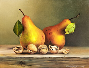 Painting titled "Still life-pears an…" by Sergey Miqayelya, Original Artwork, Oil Mounted on Wood Stretcher frame