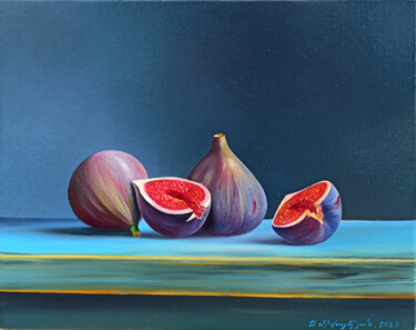 Painting titled "Still life - fig (2…" by Sergey Miqayelya, Original Artwork, Oil Mounted on Wood Stretcher frame