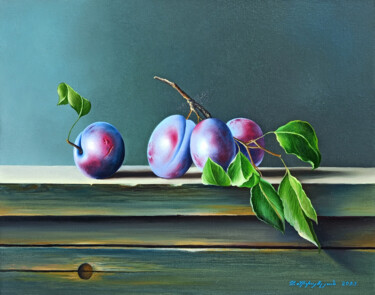 Painting titled "Still life - plums" by Sergey Miqayelya, Original Artwork, Oil Mounted on Wood Stretcher frame