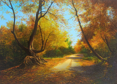 Painting titled "Golden Trail" by Sergey Miqayelya, Original Artwork, Oil Mounted on Wood Stretcher frame