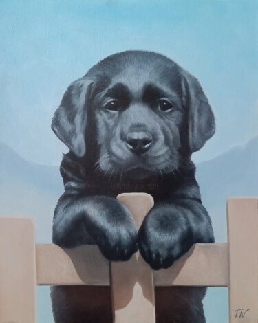Painting titled "Black Doggy" by Sergey Miqayelya, Original Artwork, Oil Mounted on Wood Stretcher frame