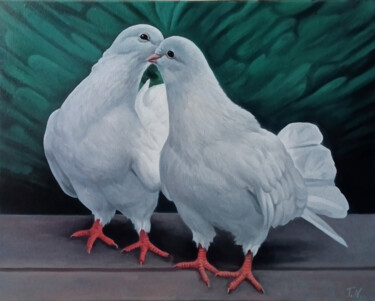 Malarstwo zatytułowany „White Pigeons in Lo…” autorstwa Sergey Miqayelya, Oryginalna praca, Olej Zamontowany na Drewniana ra…
