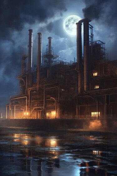 Цифровое искусство под названием "Завод ночью" - Sergey Podluzhnyy, Подлинное произведение искусства, Изображение, сгенериро…