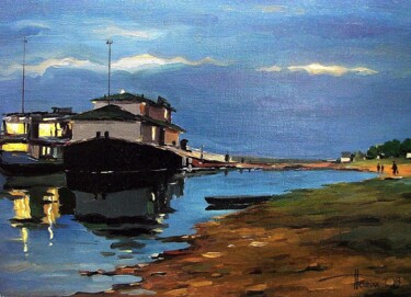 Pintura intitulada "Plyos. Pier in the…" por Sergey Potikha, Obras de arte originais, Óleo