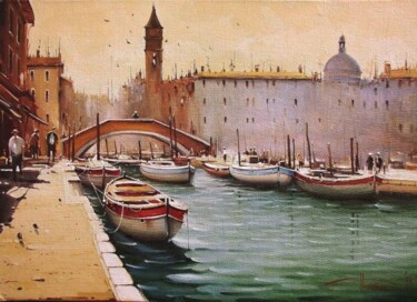 Картина под названием "Венеция.Утро.Лодки" - Sergey Potikha, Подлинное произведение искусства, Масло