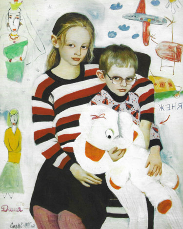 Картина под названием "Brother and sister" - Sergey Sokolov, Подлинное произведение искусства, Масло