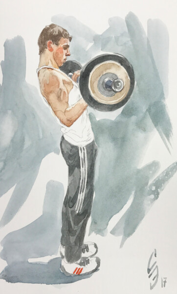 Drawing titled "Young Weightlifter" by Sergey Sovkov, Original Artwork, Watercolor