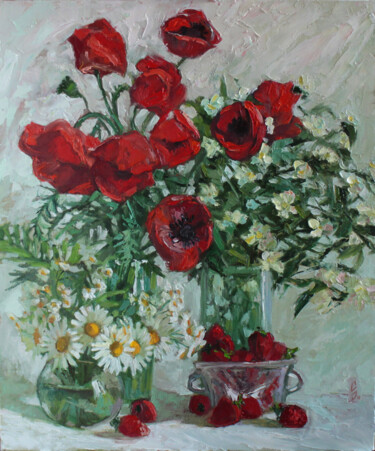 Malerei mit dem Titel "Poppies, Chamomile,…" von Sergey Sovkov, Original-Kunstwerk