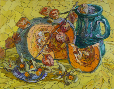 Peinture intitulée "Pumpkin and Physalis" par Sergey Sovkov, Œuvre d'art originale