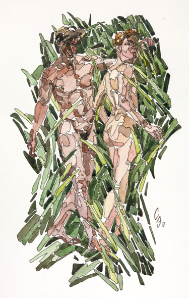 Drawing titled "Reeds" by Sergey Sovkov, Original Artwork, Watercolor