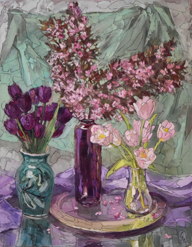 Malerei mit dem Titel "Flowering Plum and…" von Sergey Sovkov, Original-Kunstwerk