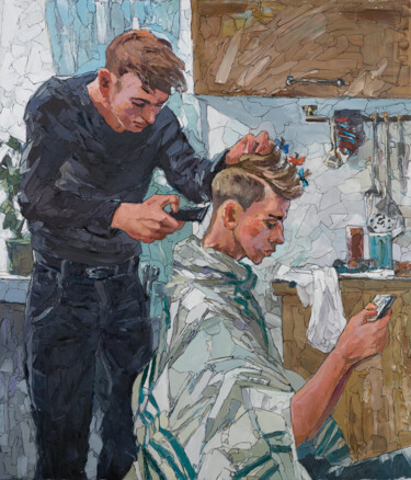 Painting titled "A Friend’s Haircut" by Sergey Sovkov, Original Artwork, Oil
