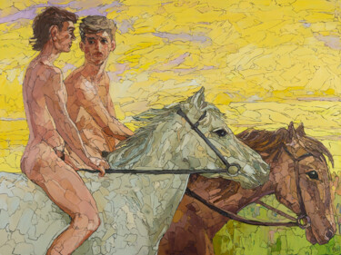 Peinture intitulée "Evening Horse Ride" par Sergey Sovkov, Œuvre d'art originale, Huile