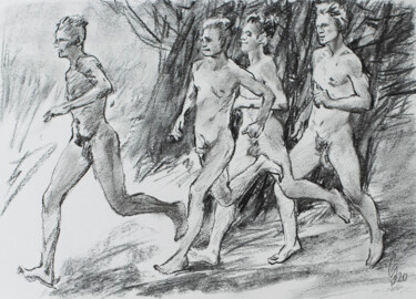 Zeichnungen mit dem Titel "Race to run" von Sergey Sovkov, Original-Kunstwerk, Kohle