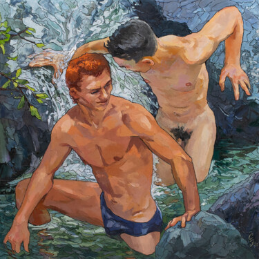 Peinture intitulée "In a mountain stream" par Sergey Sovkov, Œuvre d'art originale, Huile