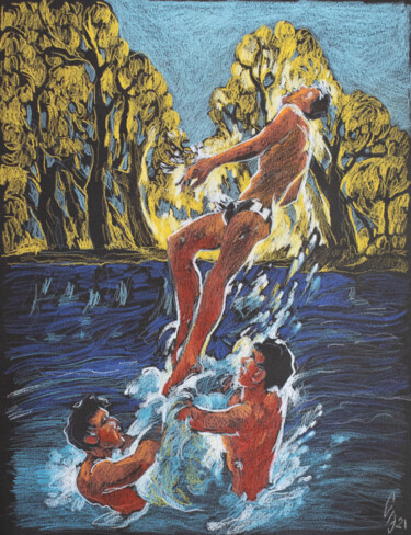 Drawing titled "Water games in river" by Sergey Sovkov, Original Artwork, Conté