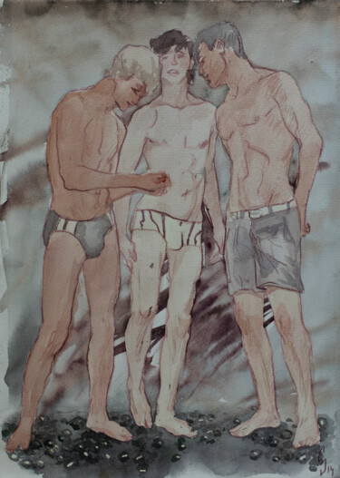 Zeichnungen mit dem Titel "Three boys" von Sergey Sovkov, Original-Kunstwerk, Aquarell